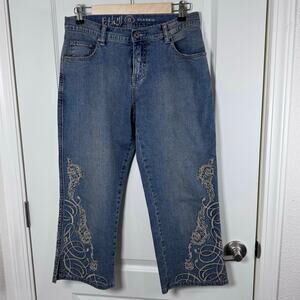 Ethyl Cropped Denim Jeans Embroidered Medium Wash Women’s 6 Rhinestones